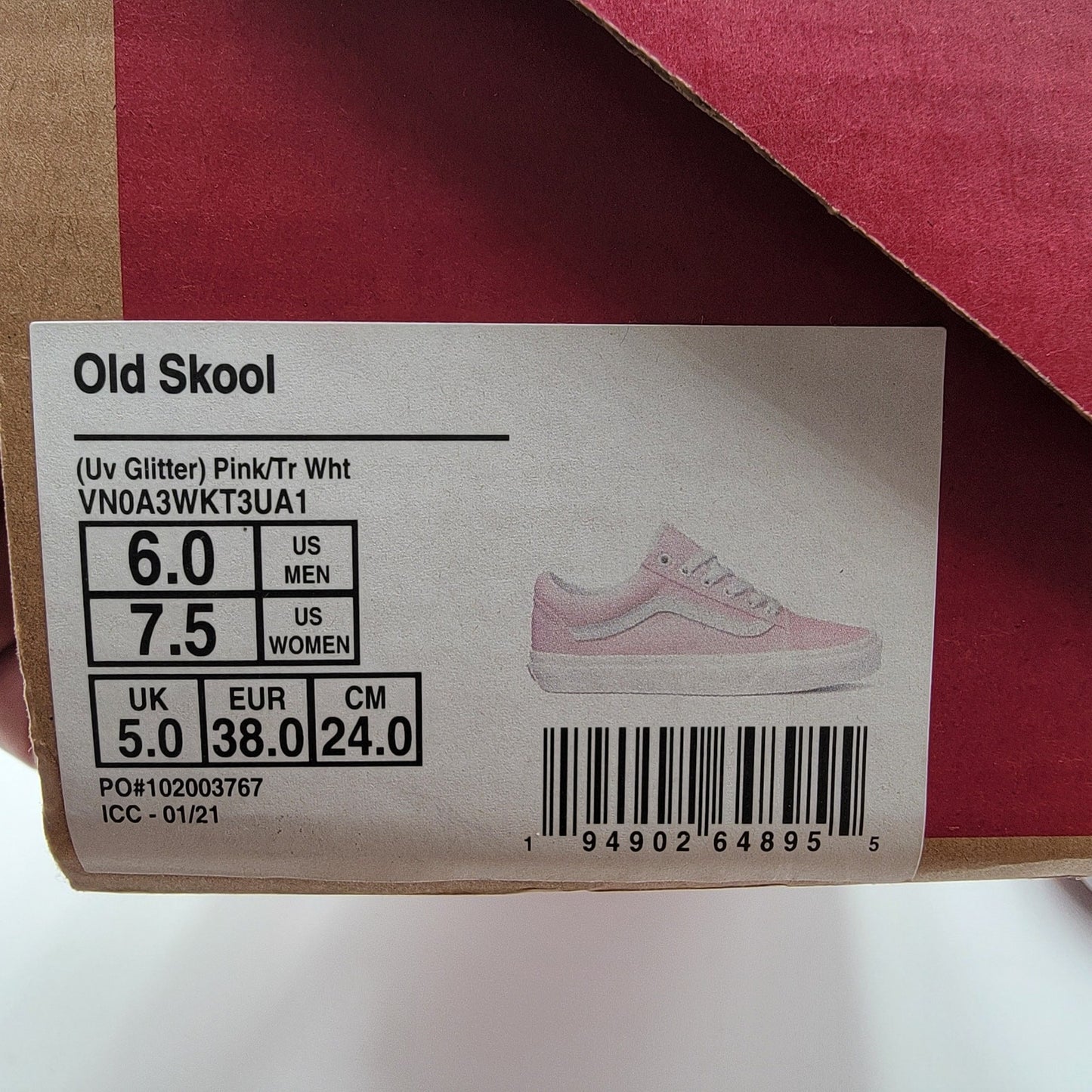 Vans Old Skool UV Glitter Sz 6M/7.5W Pink/Green VN0A3WKT3UA18