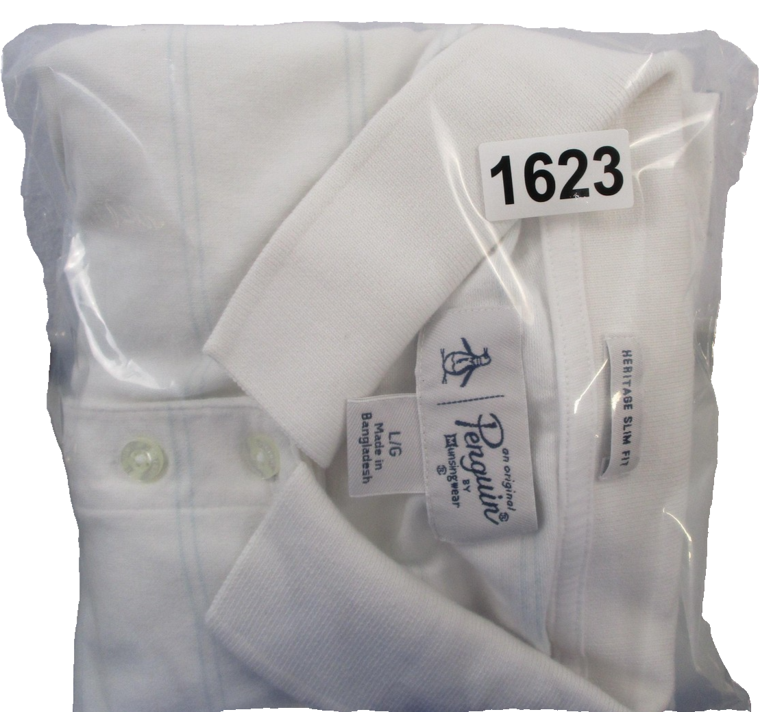 Original Penguin Polo Shirt Mens Large White Heritage Slim Fit Chest Stripe 16239