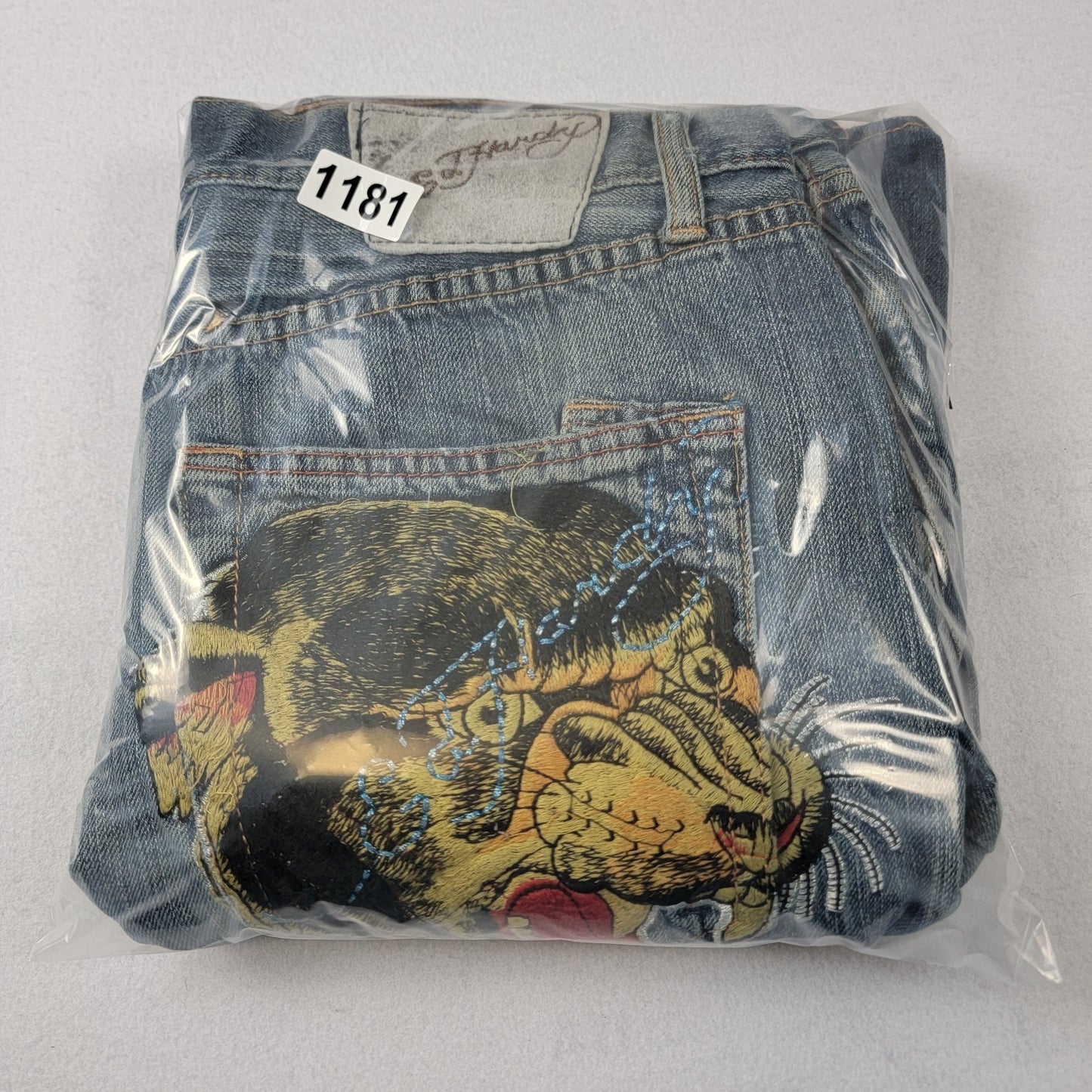 Ed Hardy Jeans Mens 34x34 Blue Denim Straight Leg Tiger Embroidery Distressed19