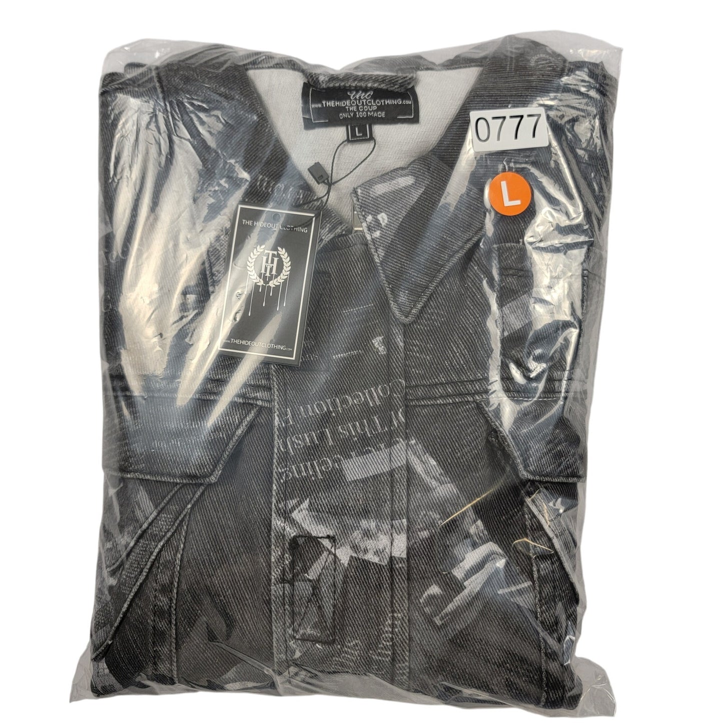 The Hideout Clothing The Coup Jacket Mens Lg Black White Denim Print NWT Limited6