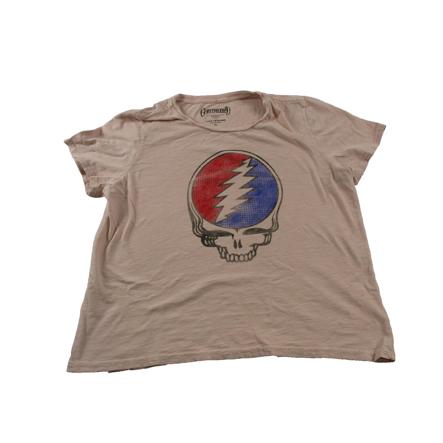 Lucky Brand Shirt Womens Xl Beige Grateful Dead Rhinestone Skull Graphic Tee