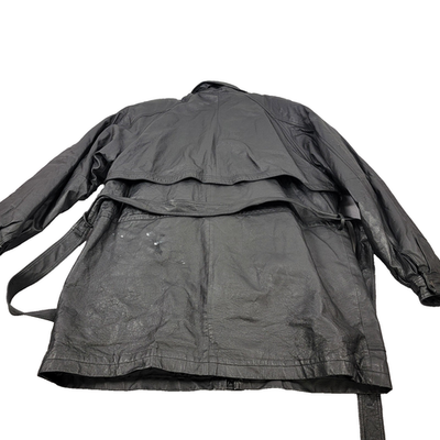Wilda Leather Trench Coat Mens 2XL Black Belted Storm Flap Duster Jacket1