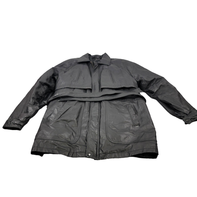 Wilda Leather Trench Coat Mens 2XL Black Belted Storm Flap Duster Jacket0