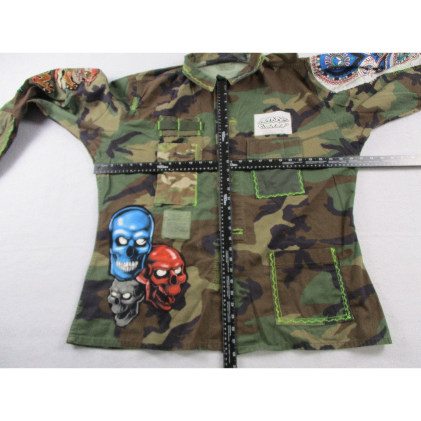 Aboves Garden Custom Jacket Mens Xlt Green Camo Military Skull Dragon Patchwork