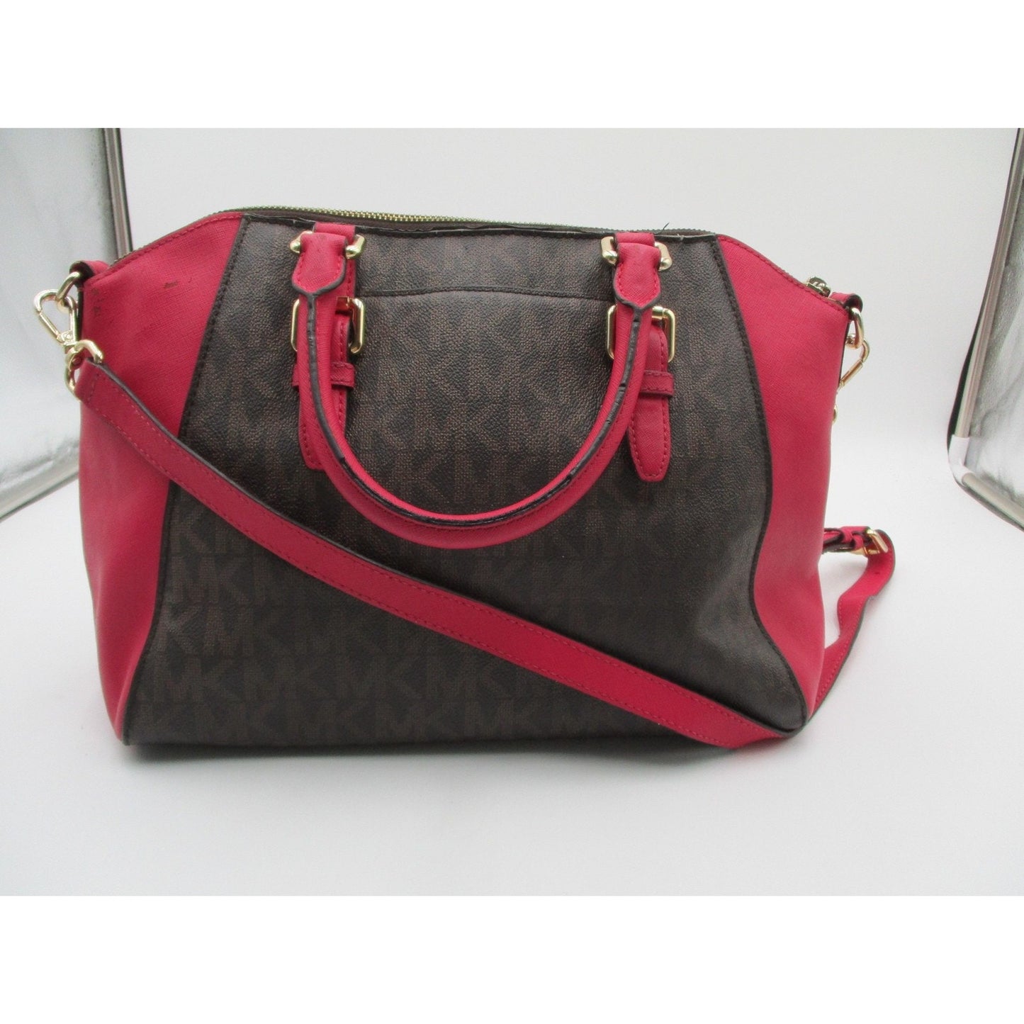 Michael Kors Satchel Bag Womens Medium Brown Pink Logo Handbag Crossbody