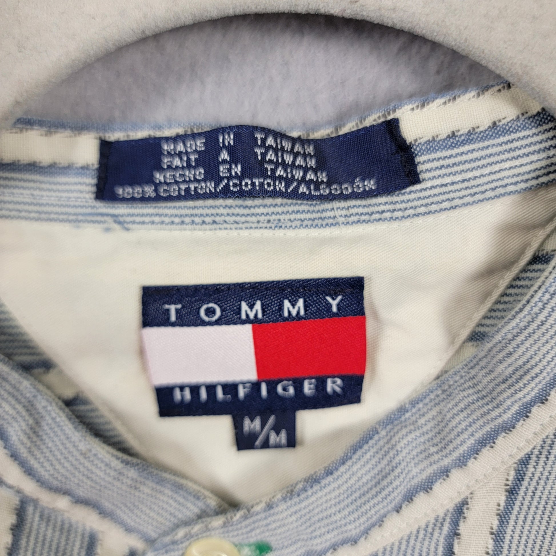 Tommy Hilfiger Vintage 90s Crest Striped Banded Collar Shirt Mens M Preowned3