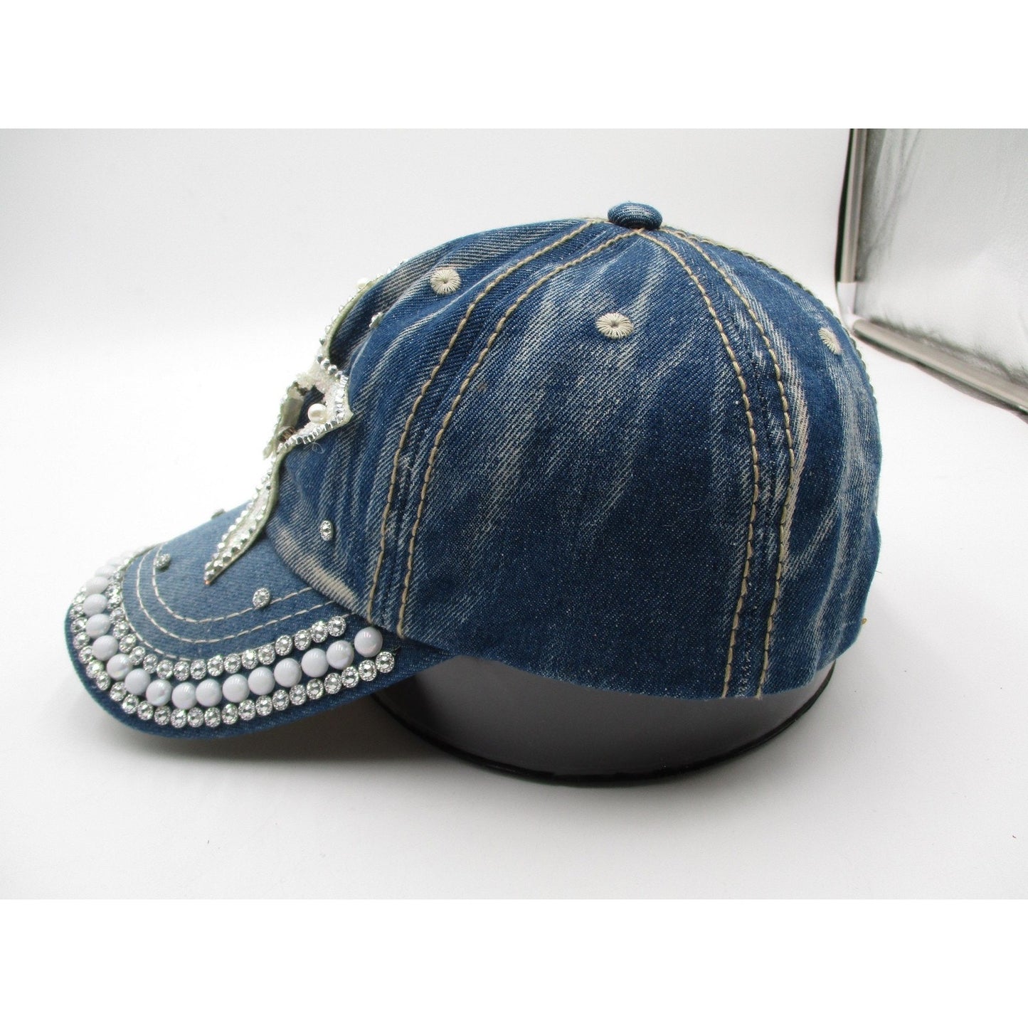 Rhinestone Star Hat Cap Strap Back Blue Denim Beaded Pearl Adjustable Womens
