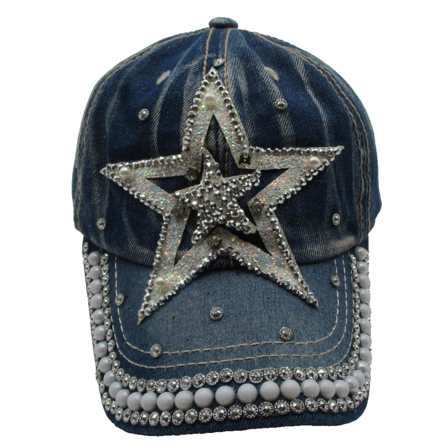 Rhinestone Star Hat Cap Strap Back Blue Denim Beaded Pearl Adjustable Womens