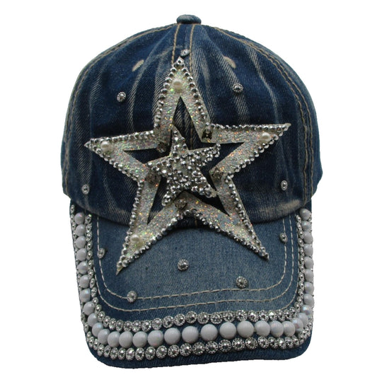 Rhinestone Star Hat Cap Strap Back Blue Denim Beaded Pearl Adjustable Womens