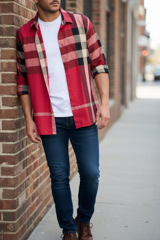 Moderno Premium Wear Mens Plaid Check Button Down Shirt Red 3XL Preowned0