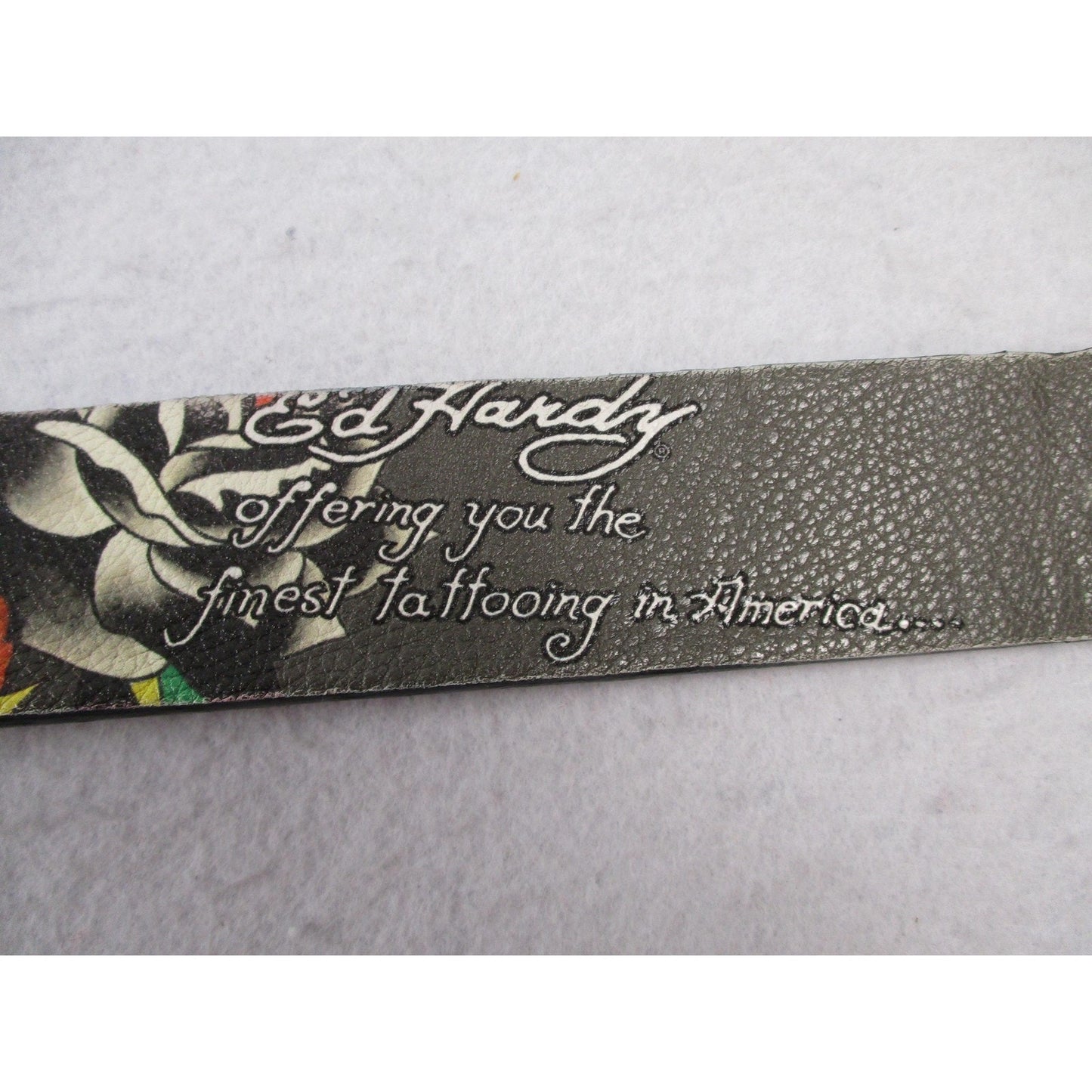 Ed Hardy Belt Mens Size 42 Multicolor Skull Rose Tattoo Graphic Rock Buckle