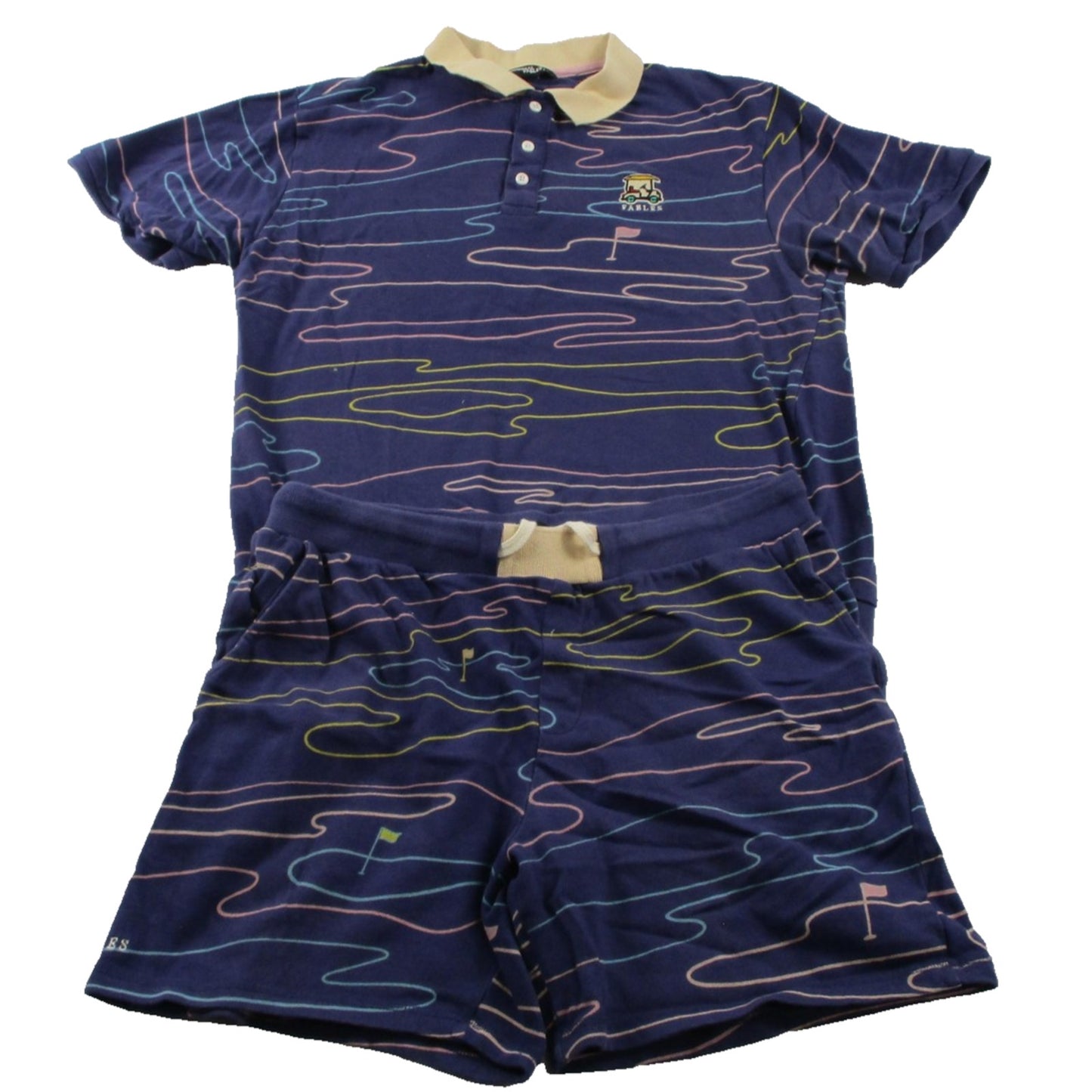 Original Fables Sweatsuit Set Mens Xl Blue Golf Cart Flag Graphic Polo Shorts