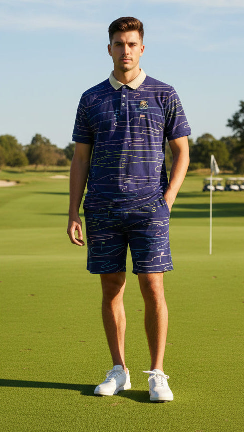 Original Fables Sweatsuit Set Mens Xl Blue Golf Cart Flag Graphic Polo Shorts