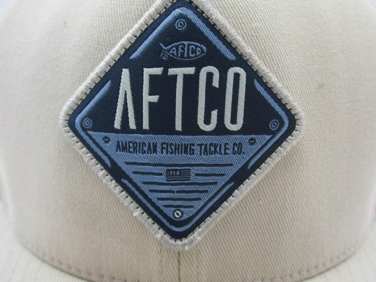 AFTCO Hat Cap Fitted Mens 7 1/8 Beige Mesh Trucker Flexfit Fishing Logo1