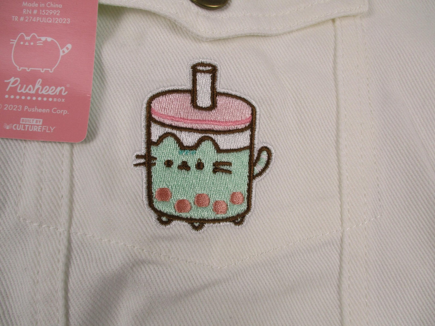 Pusheen Box Denim Jacket Womens L White Boba Cat Bubble Tea New Embroidered 13248