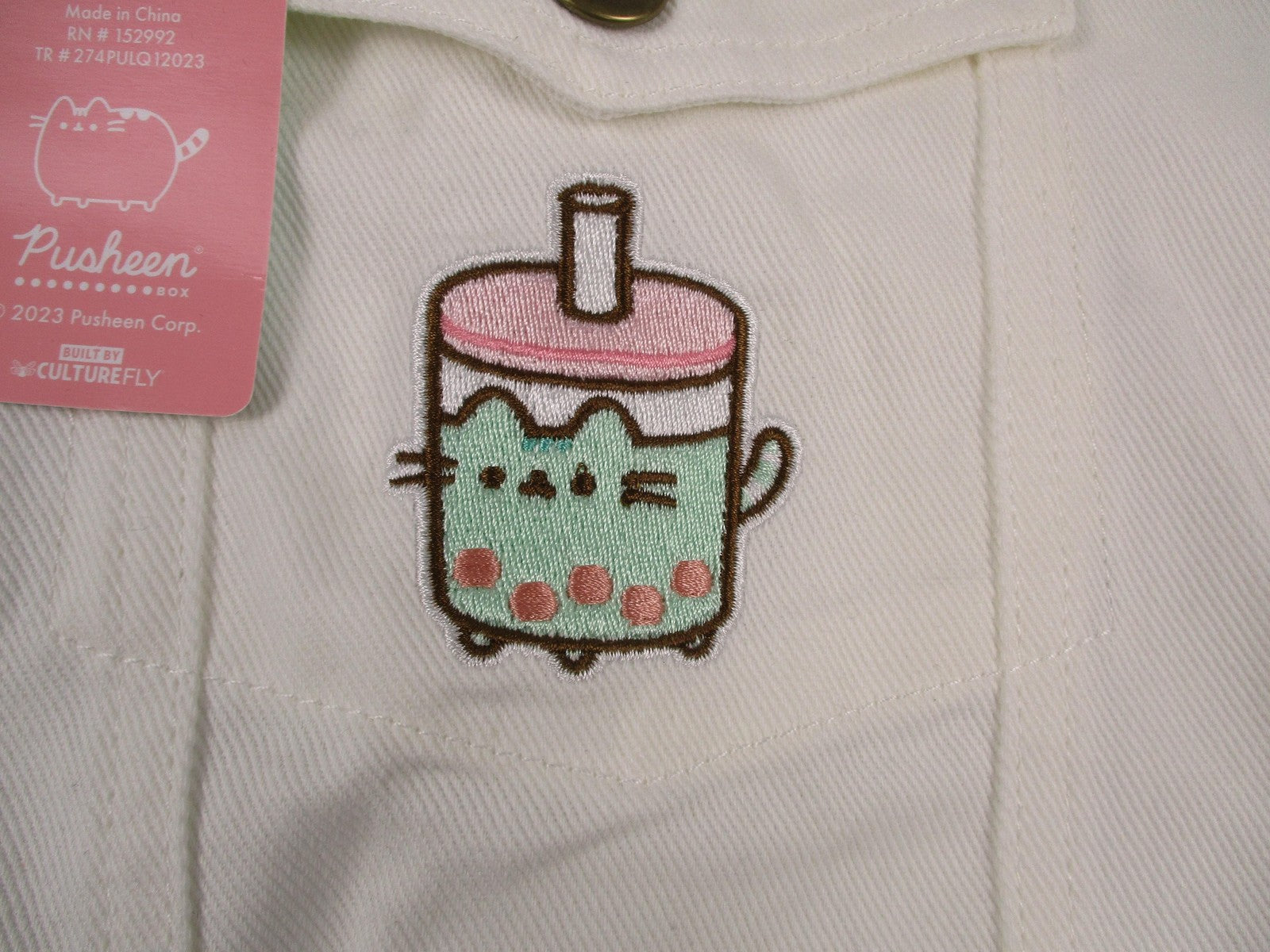 Pusheen Box Denim Jacket Womens L White Boba Cat Bubble Tea New Embroidered 13248
