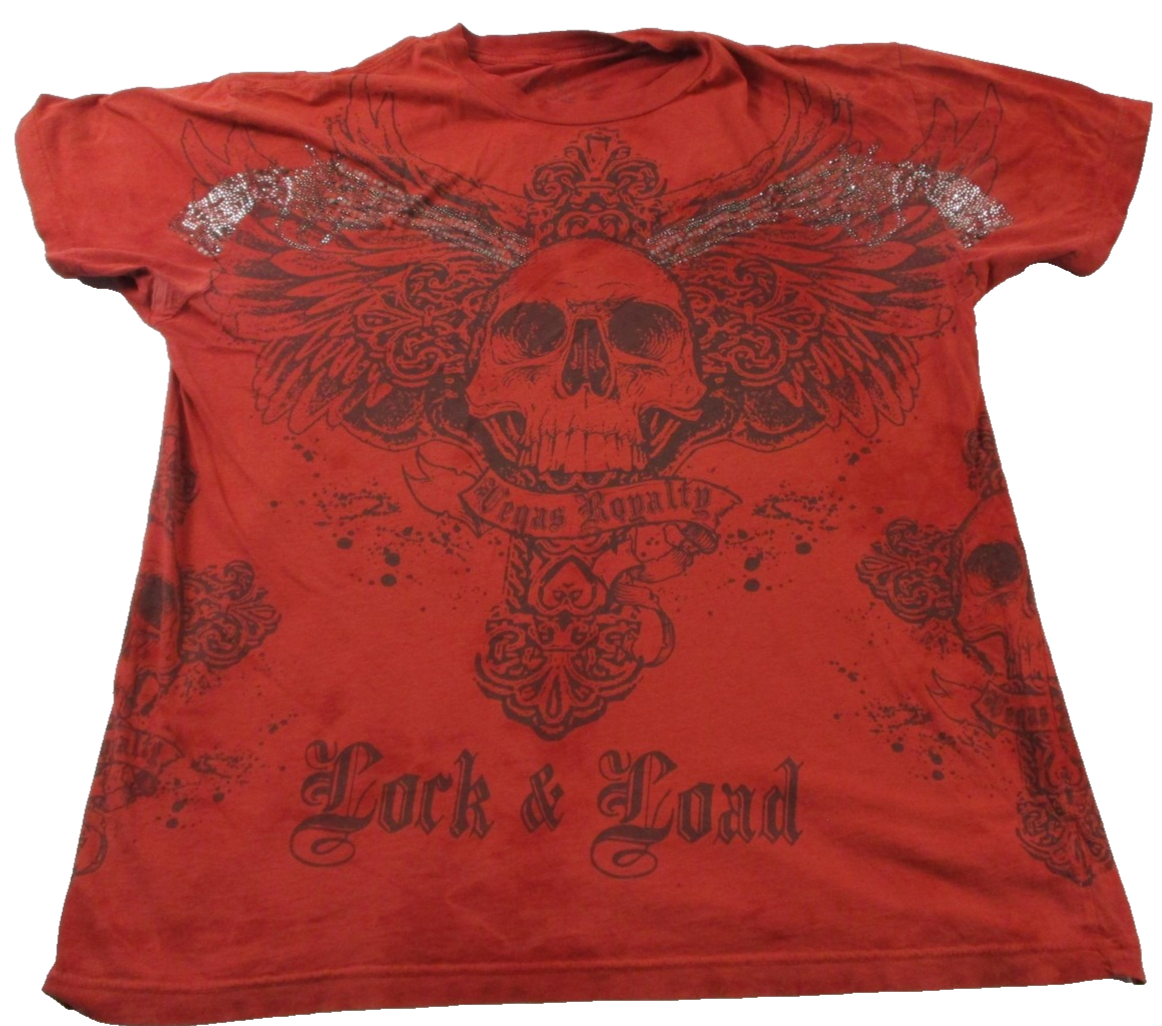 Vegas Royalty Shirt Womens Medium Red Skull Lock & Load Rhinestone Tee Graphic0