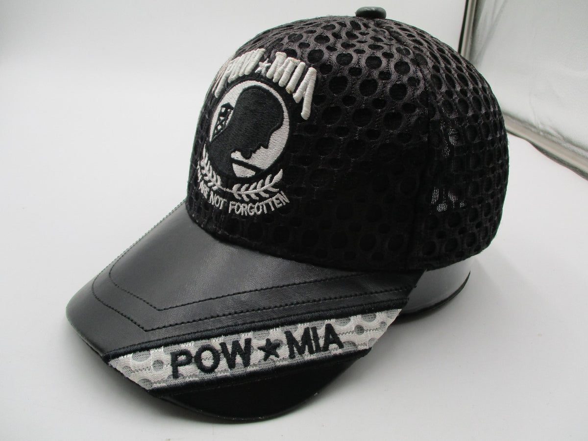 JWM POW MIA Hat Cap Strap Back Mens One Size Black Mesh Faux Leather Embroidered3