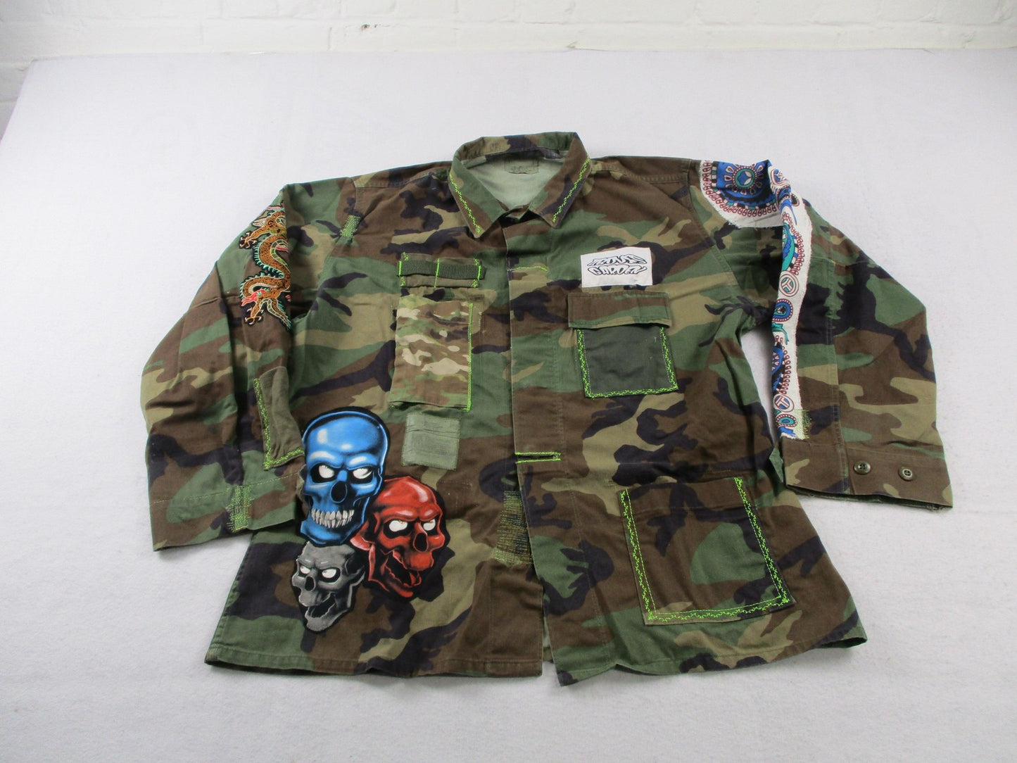 Aboves Garden Custom Jacket Mens XLT Green Camo Military Skull Dragon Patchwork0