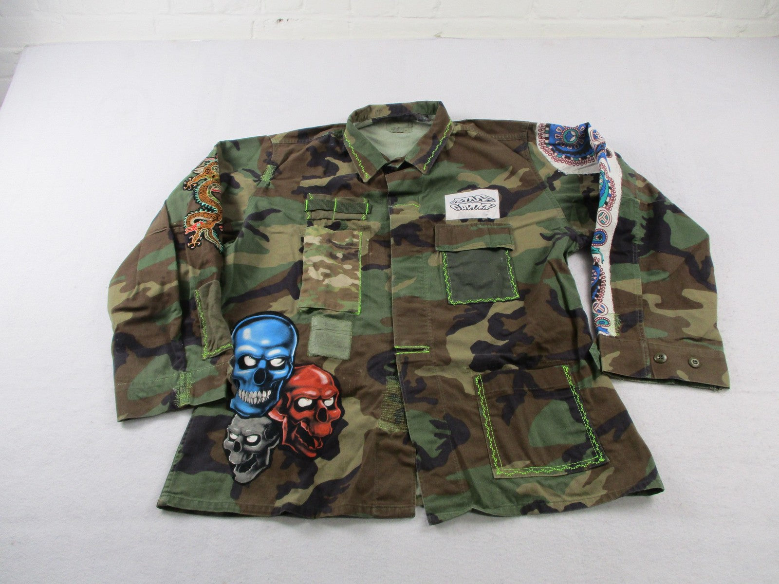 Aboves Garden Custom Jacket Mens XLT Green Camo Military Skull Dragon Patchwork0