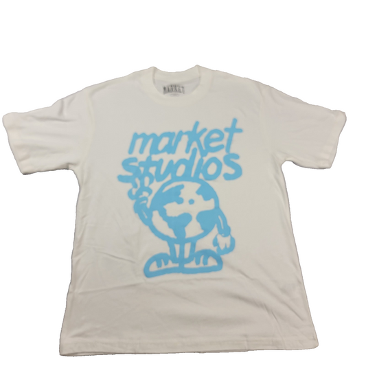 Market Studios Graphic Tee White Blue Globe Logo TShirt Men’s Large
