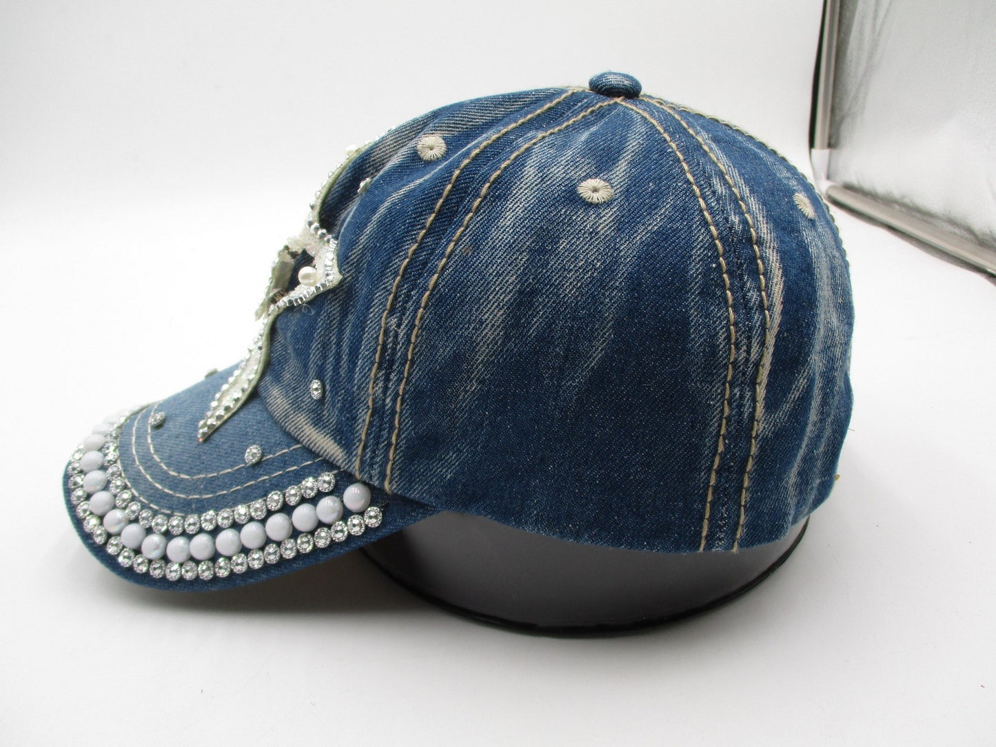 Rhinestone Star Hat Cap Strap Back Blue Denim Beaded Pearl Adjustable Womens3