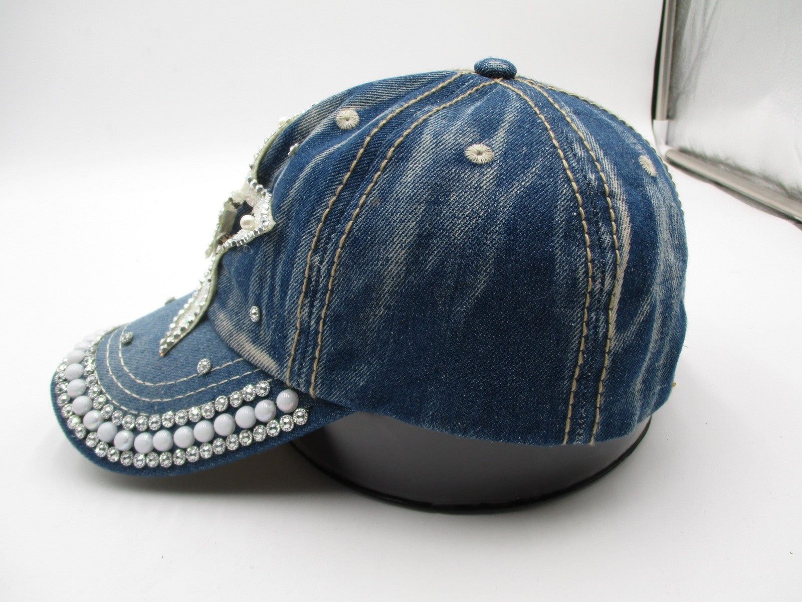 Rhinestone Star Hat Cap Strap Back Blue Denim Beaded Pearl Adjustable Womens3