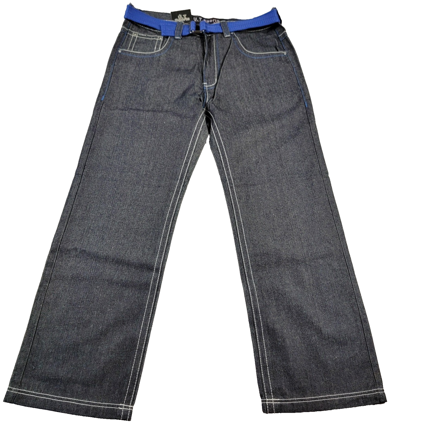 U.T Sports Mens 36x32 Blue Denim Straight Leg Belted Embroidered Pockets
