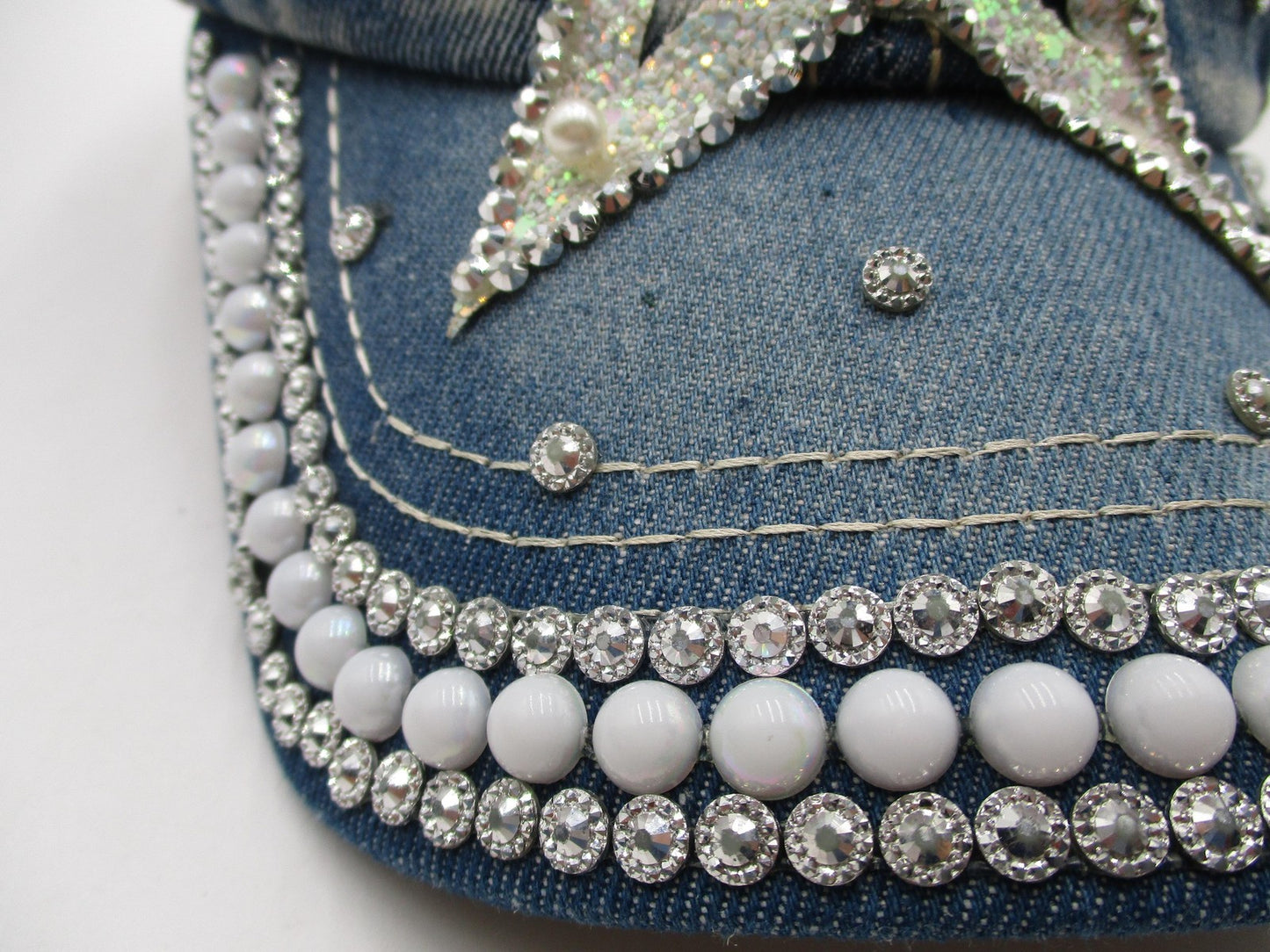 Rhinestone Star Hat Cap Strap Back Blue Denim Beaded Pearl Adjustable Womens1