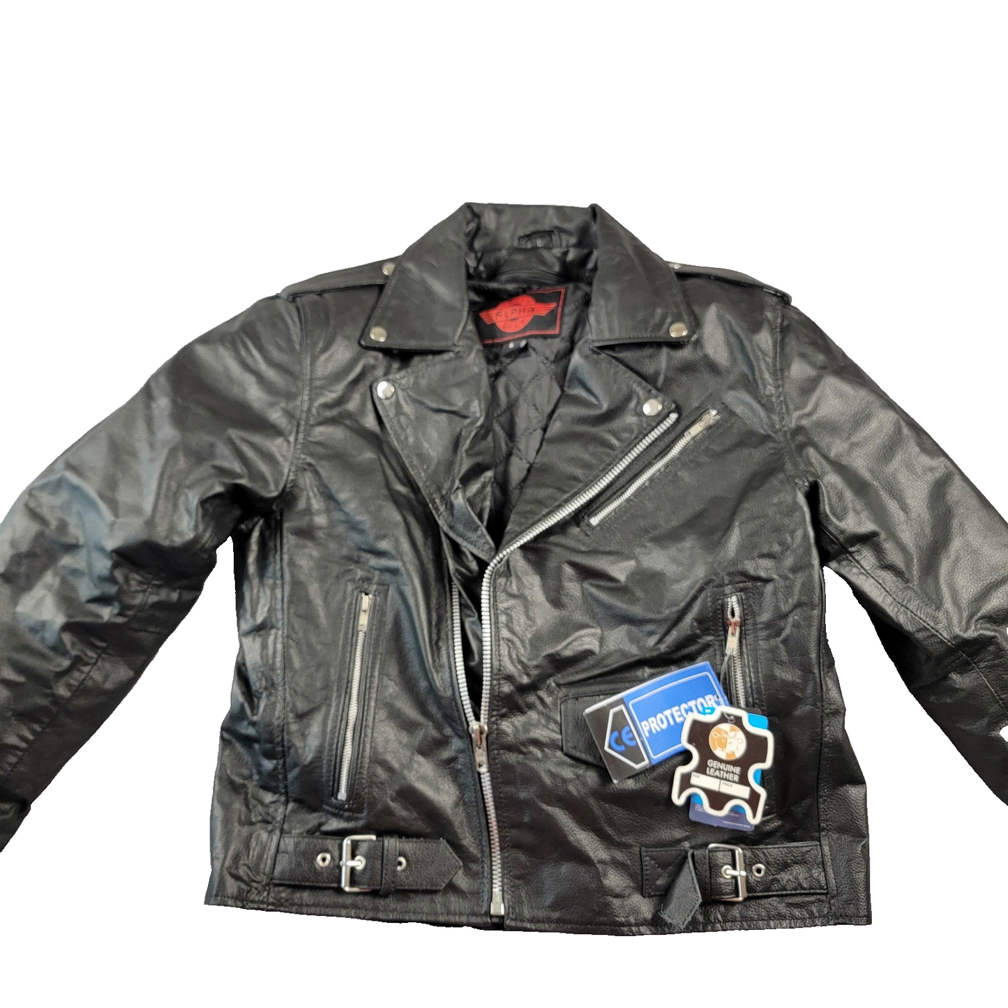 Alpha Cycle Gear Jacket Mens Large Leather Motorcycle YKK Zips CE Protectors 8830
