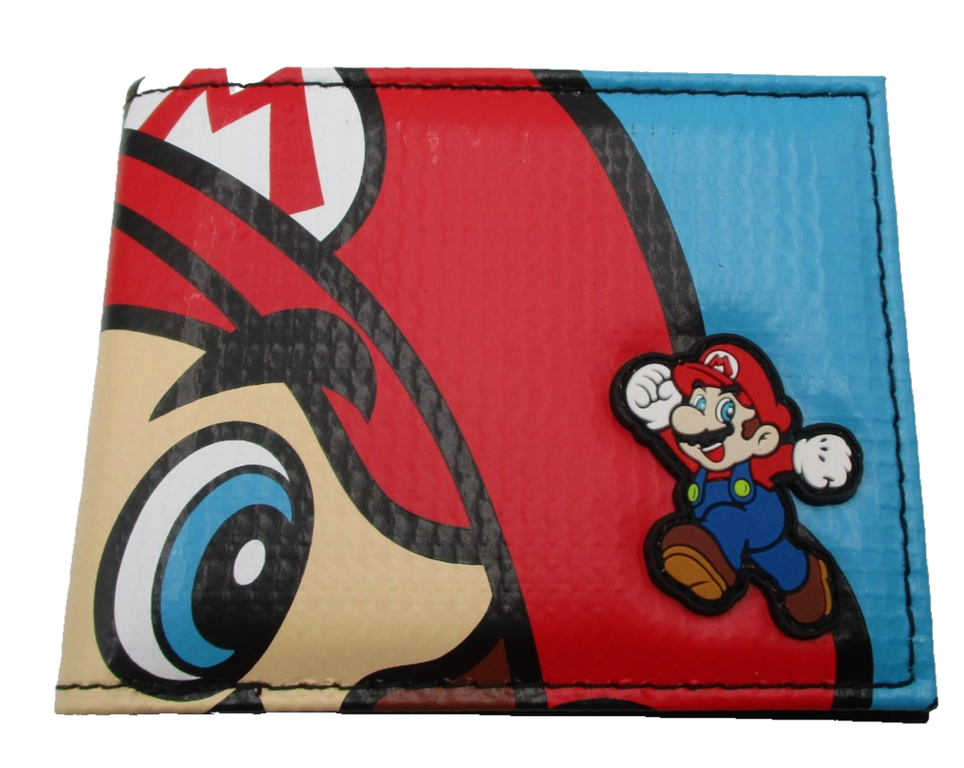 Super Mario Wallet Mens Red Blue Bifold ID Window Card Slots Bioworld Nintendo0