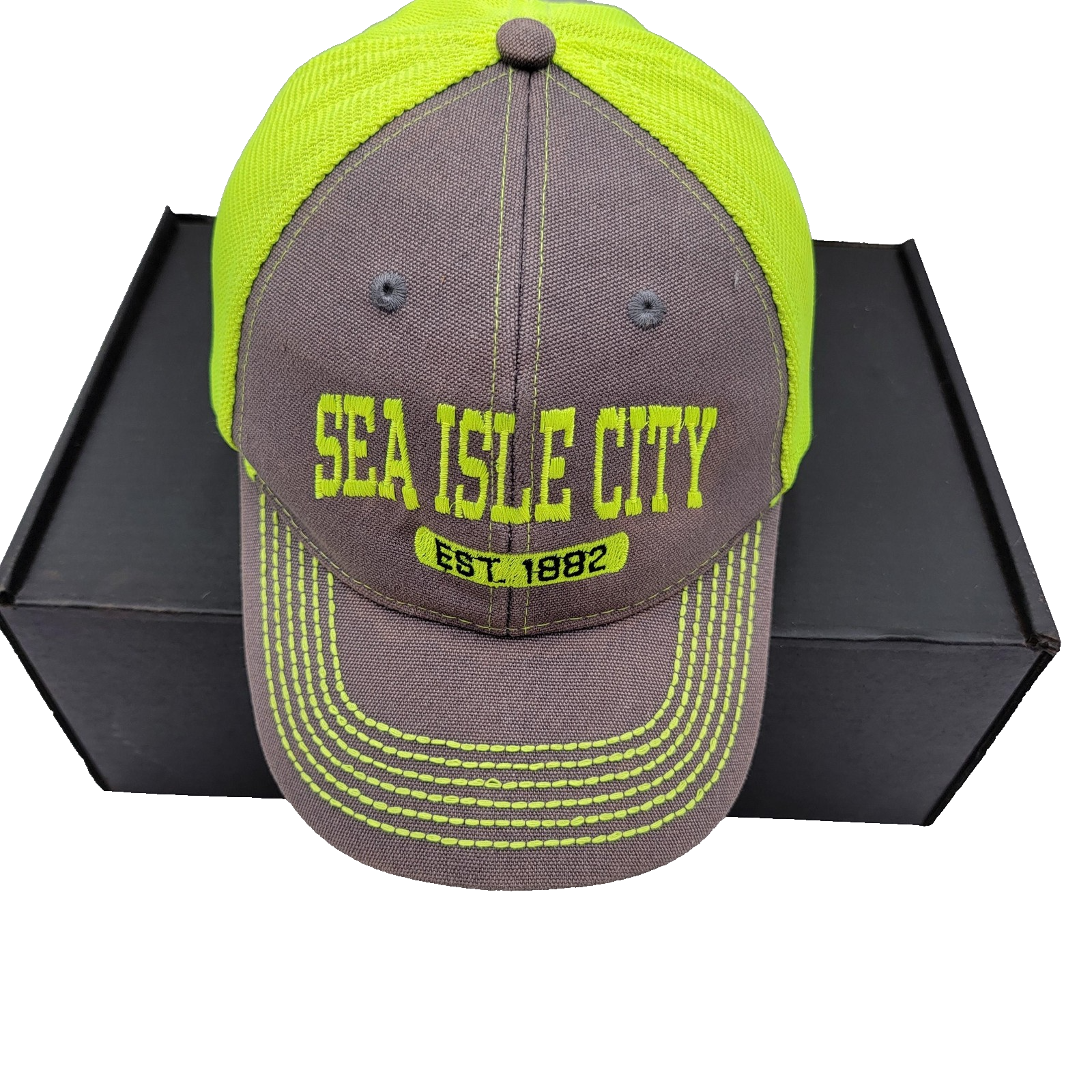 Sea Isle City Hat Cap Snap Back Gray Neon Yellow Mesh Trucker Embroidered Mens0
