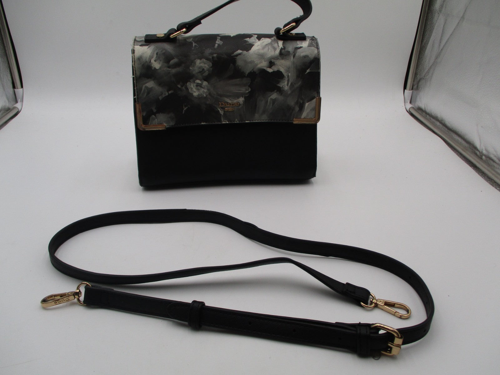 Dune London Black Floral Top Handle Satchel Purse Shoulder Bag Gold Hardware7