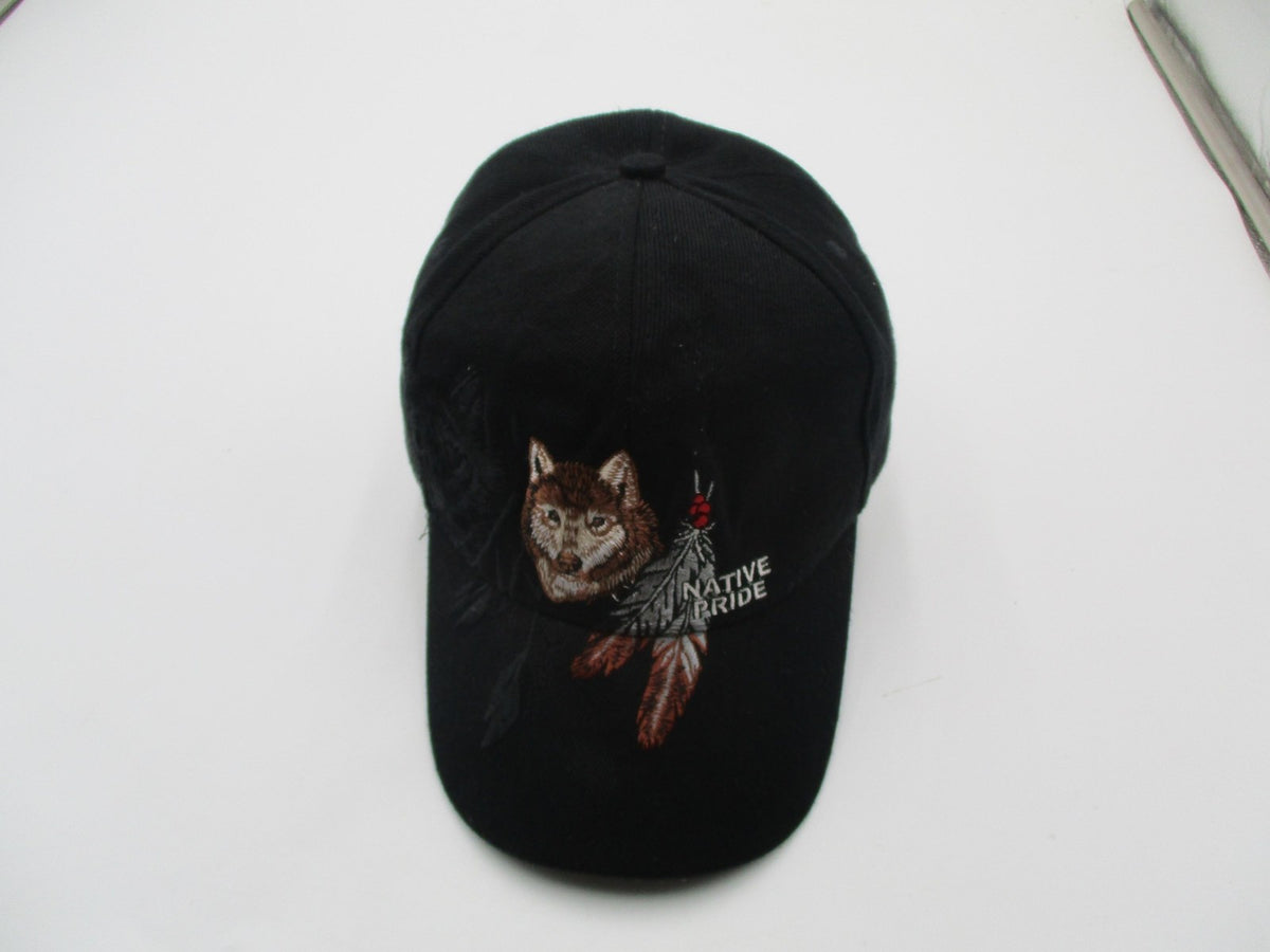 Native Pride Hat Cap Strap Back Mens One Size Black Wolf Feathers Embroidered2