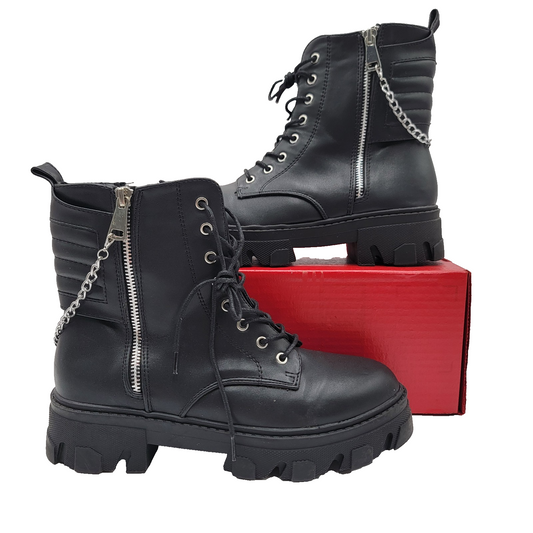 Fashion Nova Combat Boots Women 8.5 Black Lace Up Zip Chain Chunky Lug Sole
