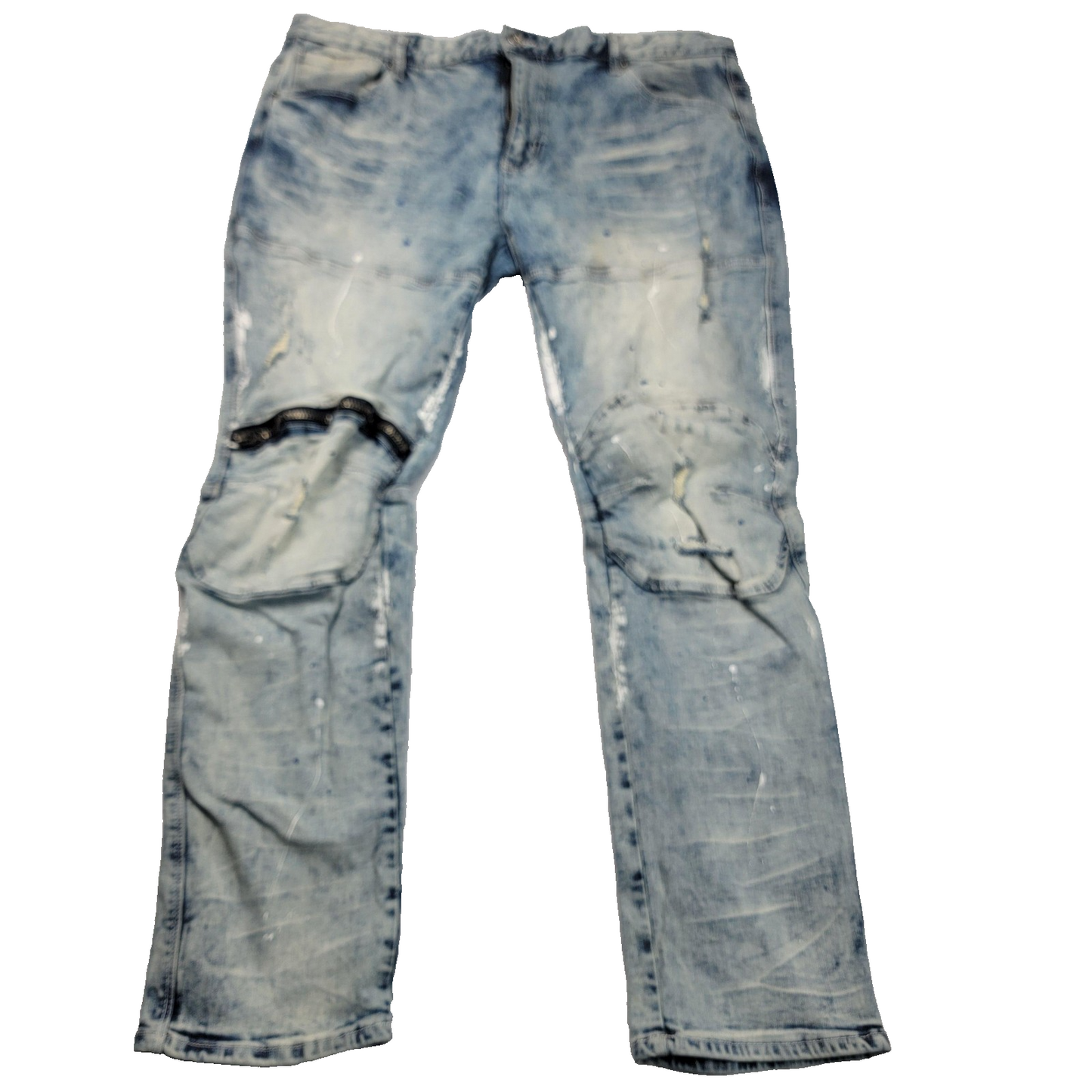 Decibel Jeans Mens 42x32 Blue Distressed Light Wash Splatter Zipper Slim