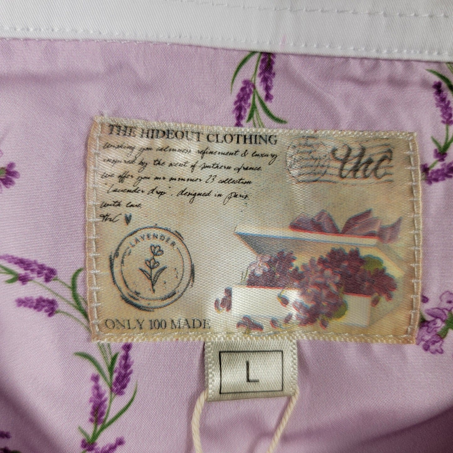 The Hideout Clothing Valensole Lavender SS Button Down Shirt White L NWT