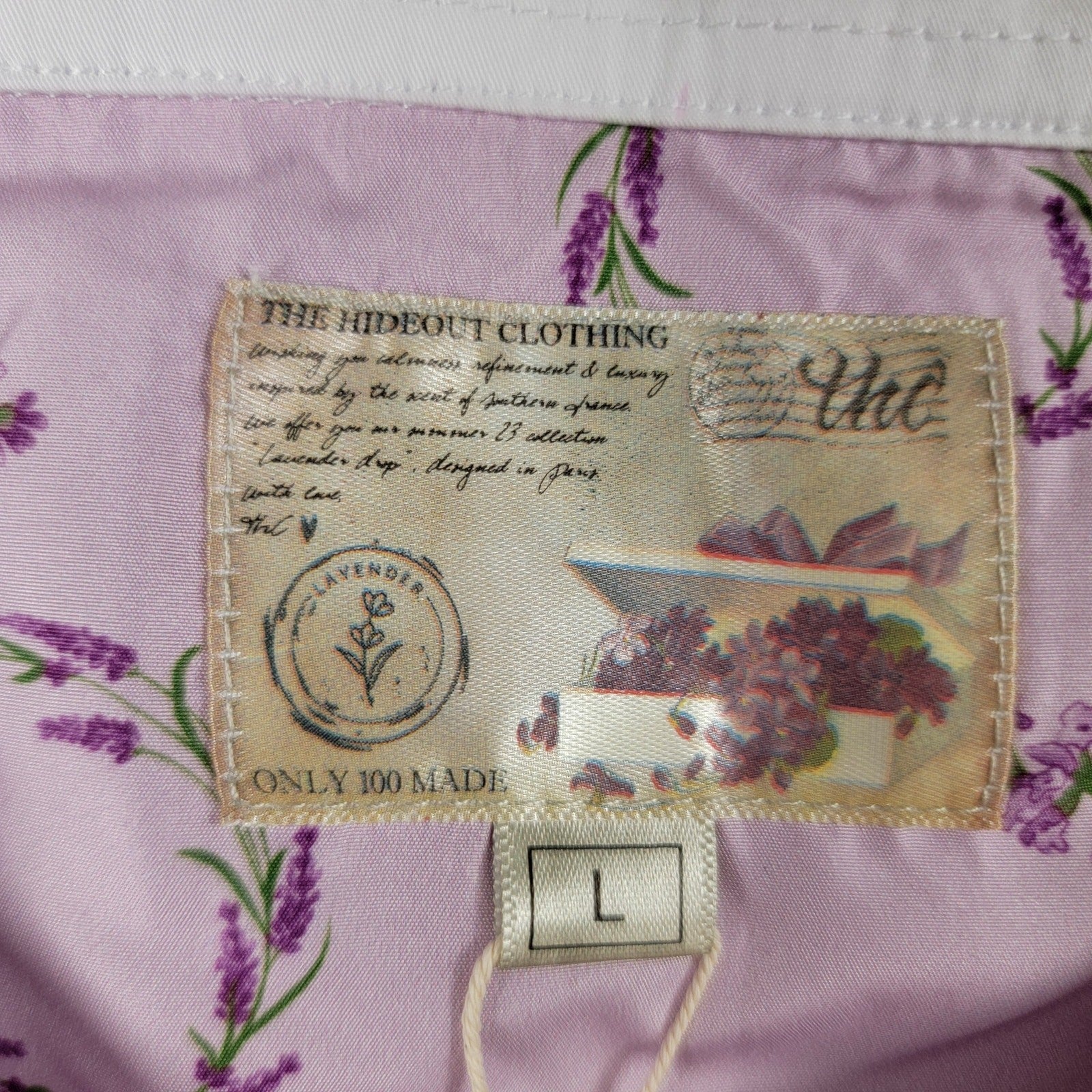 The Hideout Clothing Valensole Lavender SS Button Down Shirt White L NWT
