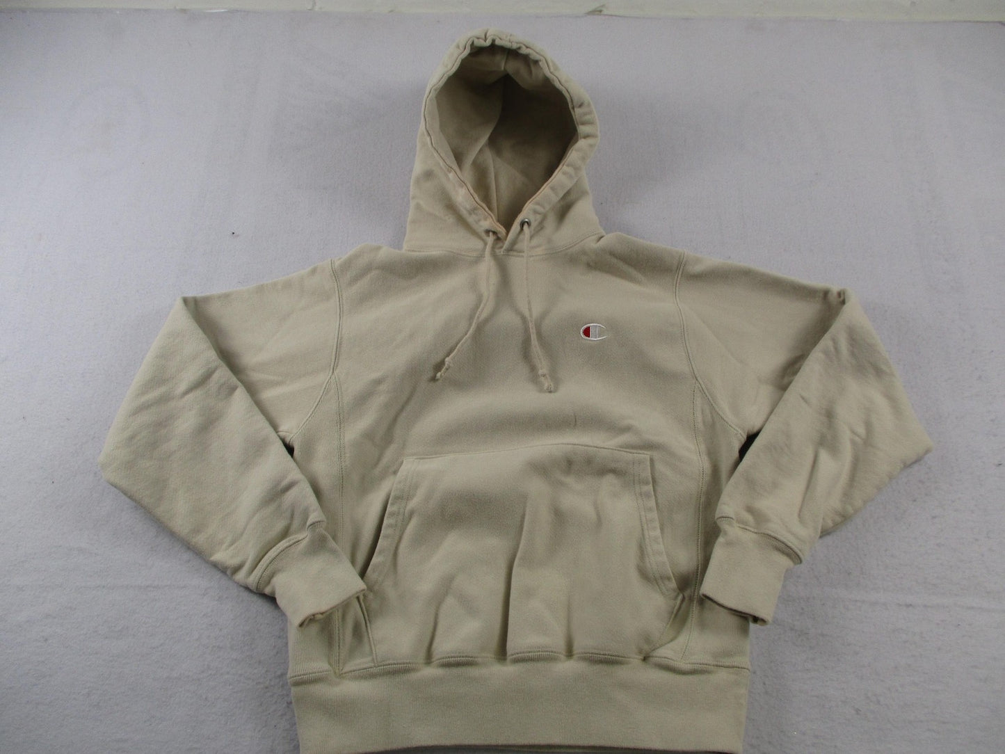 Vintage Champion Reverse Weave Hoodie Mens Small Beige Pullover Sweatshirt Logo0