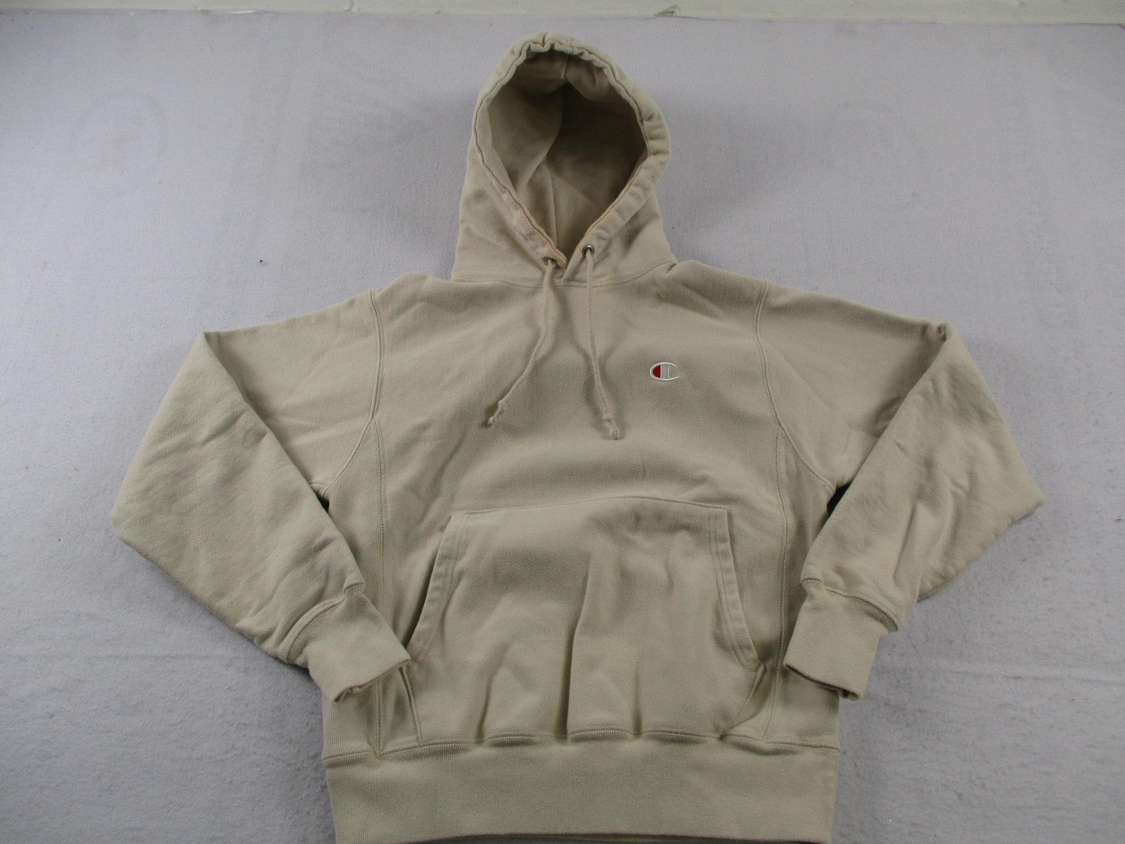 Vintage Champion Reverse Weave Hoodie Mens Small Beige Pullover Sweatshirt Logo0