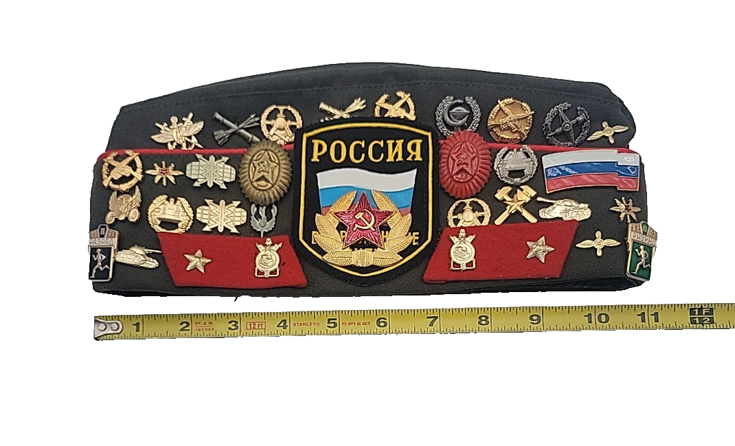Soviet Military Pilotka Army Cap USSR Vintage Hat 33 Pins 4 Patches Militaria5