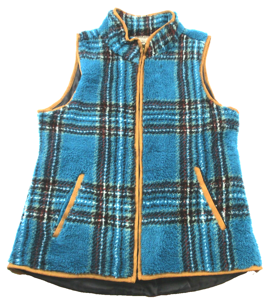 Mountain Ridge Fleece Vest Womens Small Blue Plaid Sherpa Ocean Depth 13400