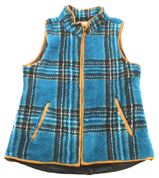 Mountain Ridge Fleece Vest Womens Small Blue Plaid Sherpa Ocean Depth 13400