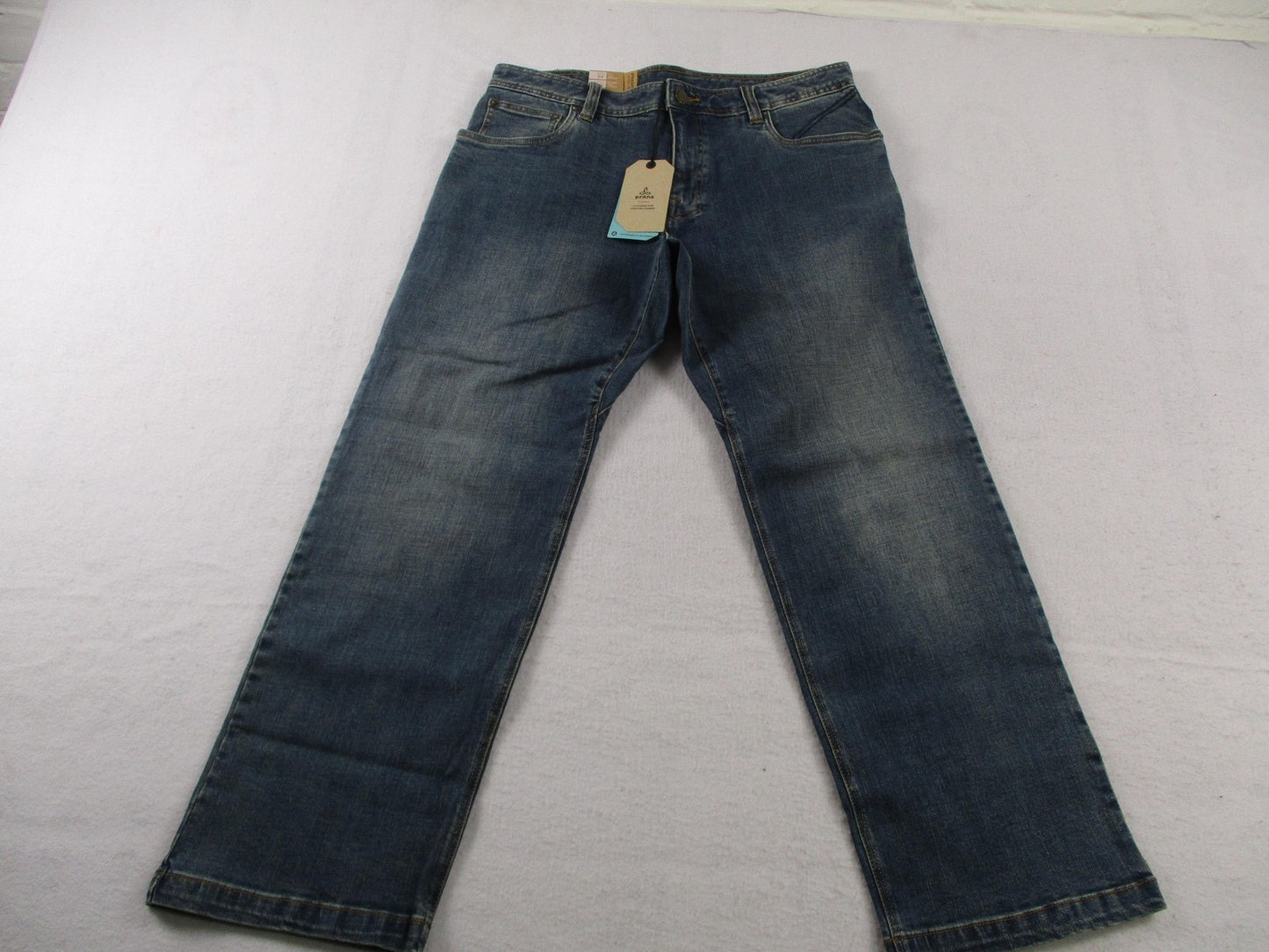 PrAna Axiom Jeans Mens 34x30 Blue Antique Stone Wash Straight Leg Stretch Denim0