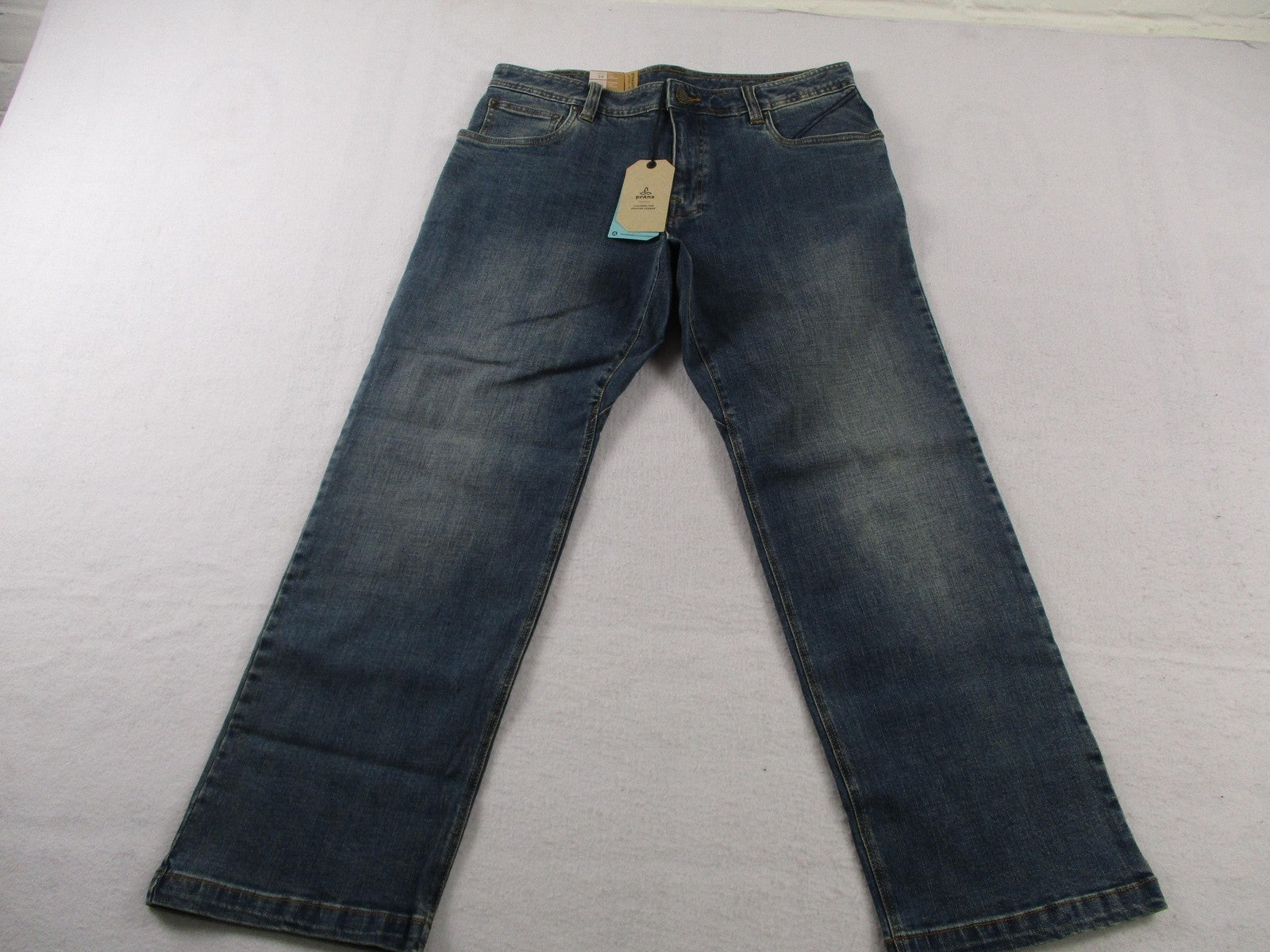 PrAna Axiom Jeans Mens 34x30 Blue Antique Stone Wash Straight Leg Stretch Denim0