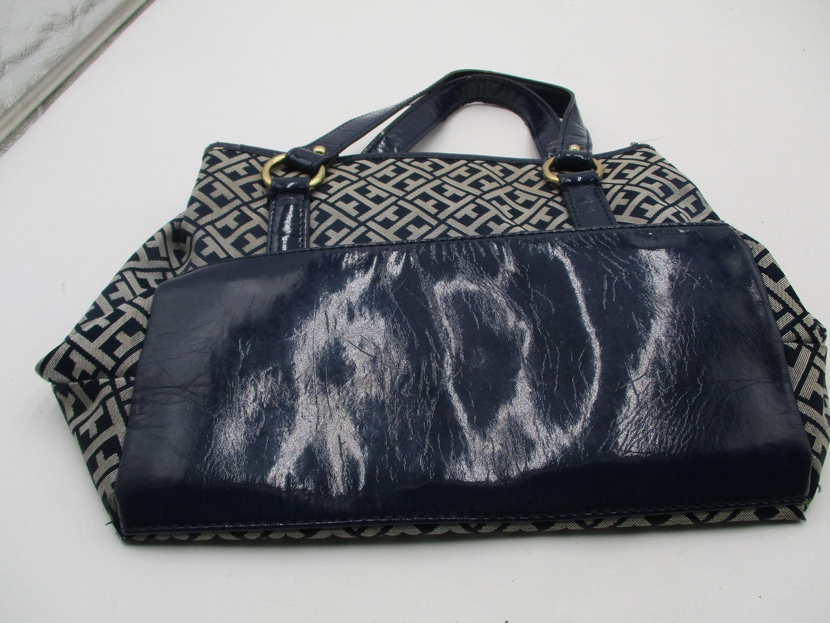 Tommy Hilfiger Shoulder Bag Womens Medium Blue Logo Canvas Faux Leather Studded1