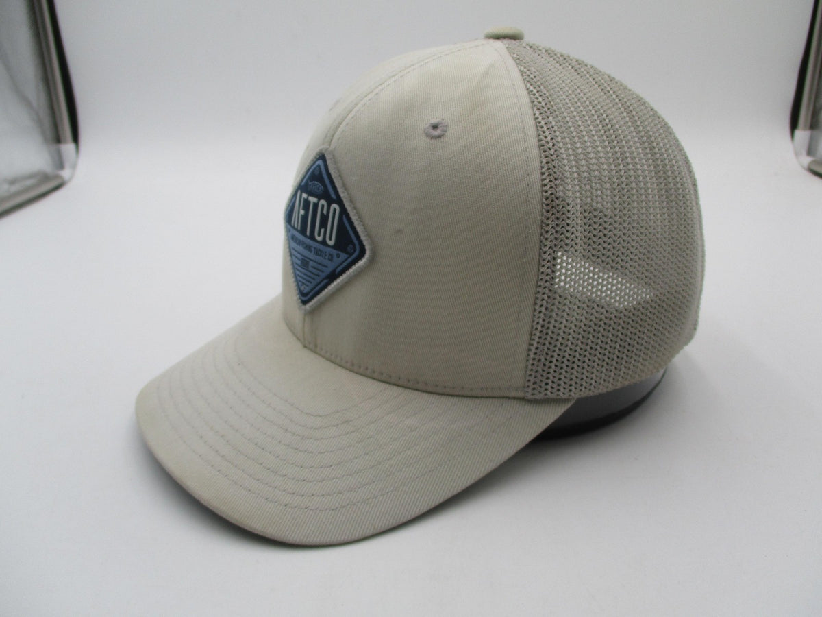 AFTCO Hat Cap Fitted Mens 7 1/8 Beige Mesh Trucker Flexfit Fishing Logo2