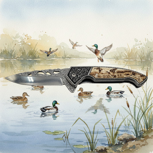 Hunting Ducks 4.5" Ivory Drop Point Collectible Folding Knife0