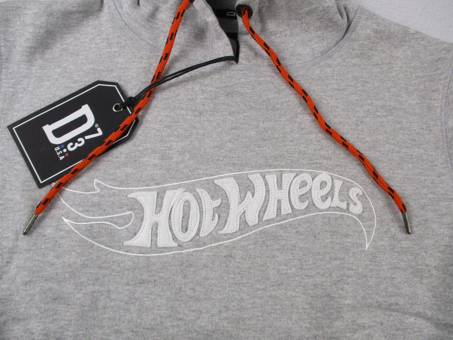 D73 USA Hot Wheels Hoodie Mens Medium Gray Pullover Fleece Embroidered Logo 12932