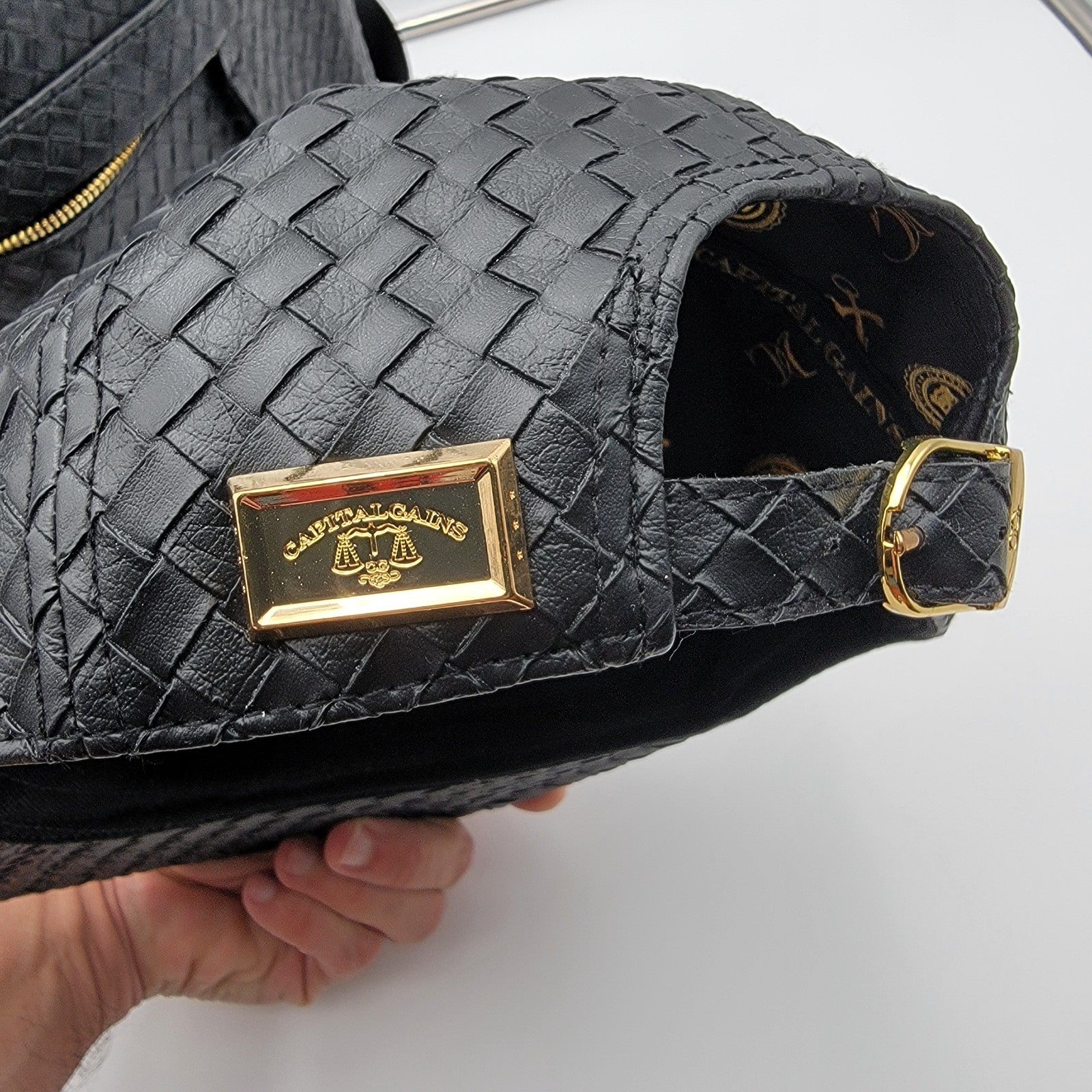 Capital Gains Black Woven Backpack + Strapback Hat Bundle NWT Gold Logo12